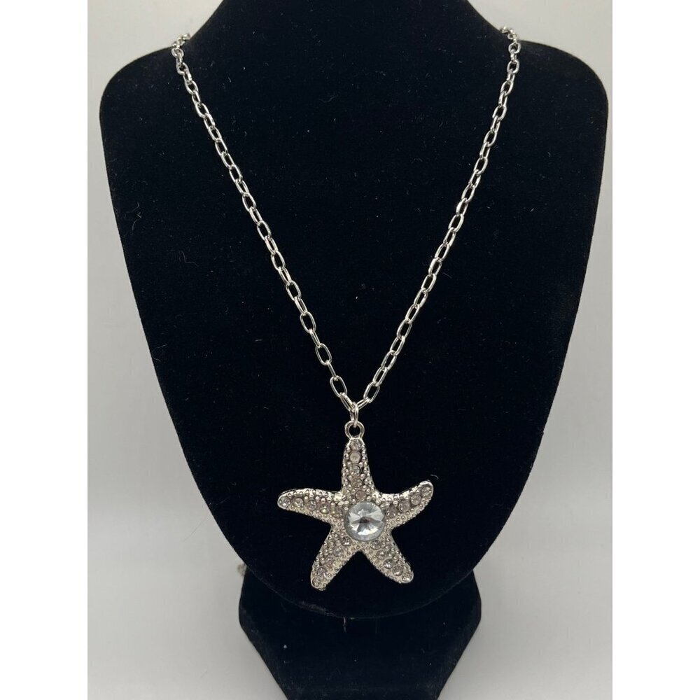 Silvertone Oversized Rhinestone Starfish Pendant On Chain‎ Necklace Mermaidcore